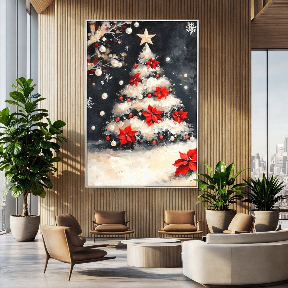 Tablou canvas cu tablou canvas cu brad de craciun pictat, in rama de aluminiu argintiu, pe perete intr-un birou